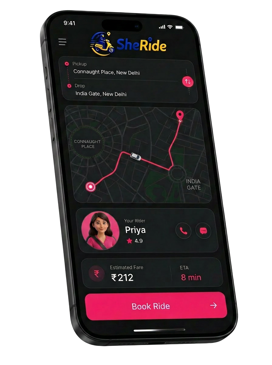 SheRide mobile app showing live tracking and rider profile