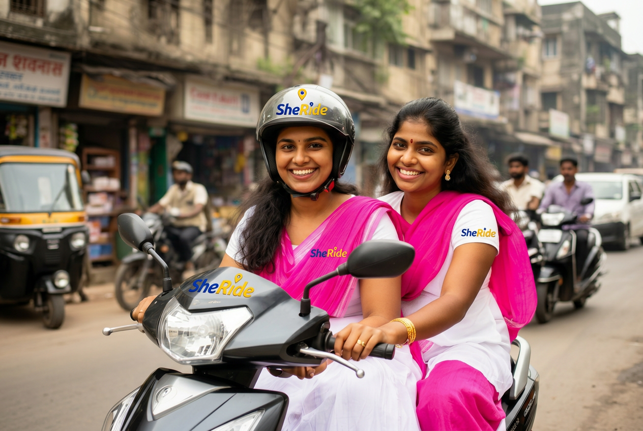 Two Indian women on a scooter representing SheRide community