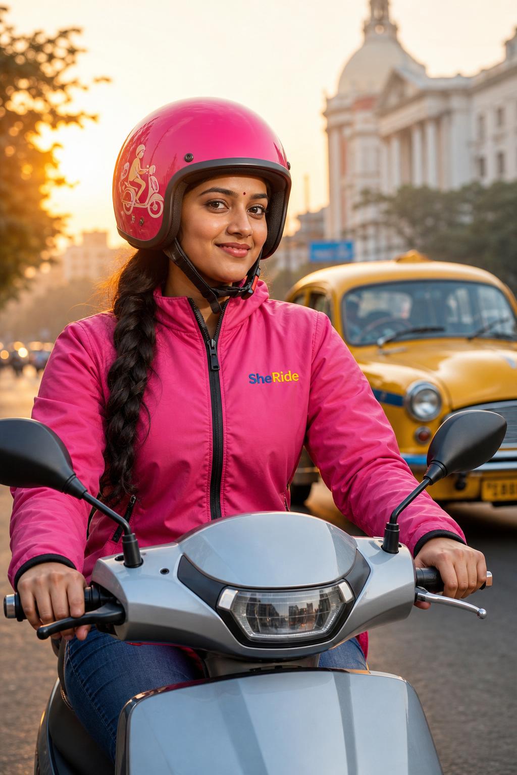 A confident SheRide rider in a pink helmet on a modern scooter at sunrise in Kolkata
